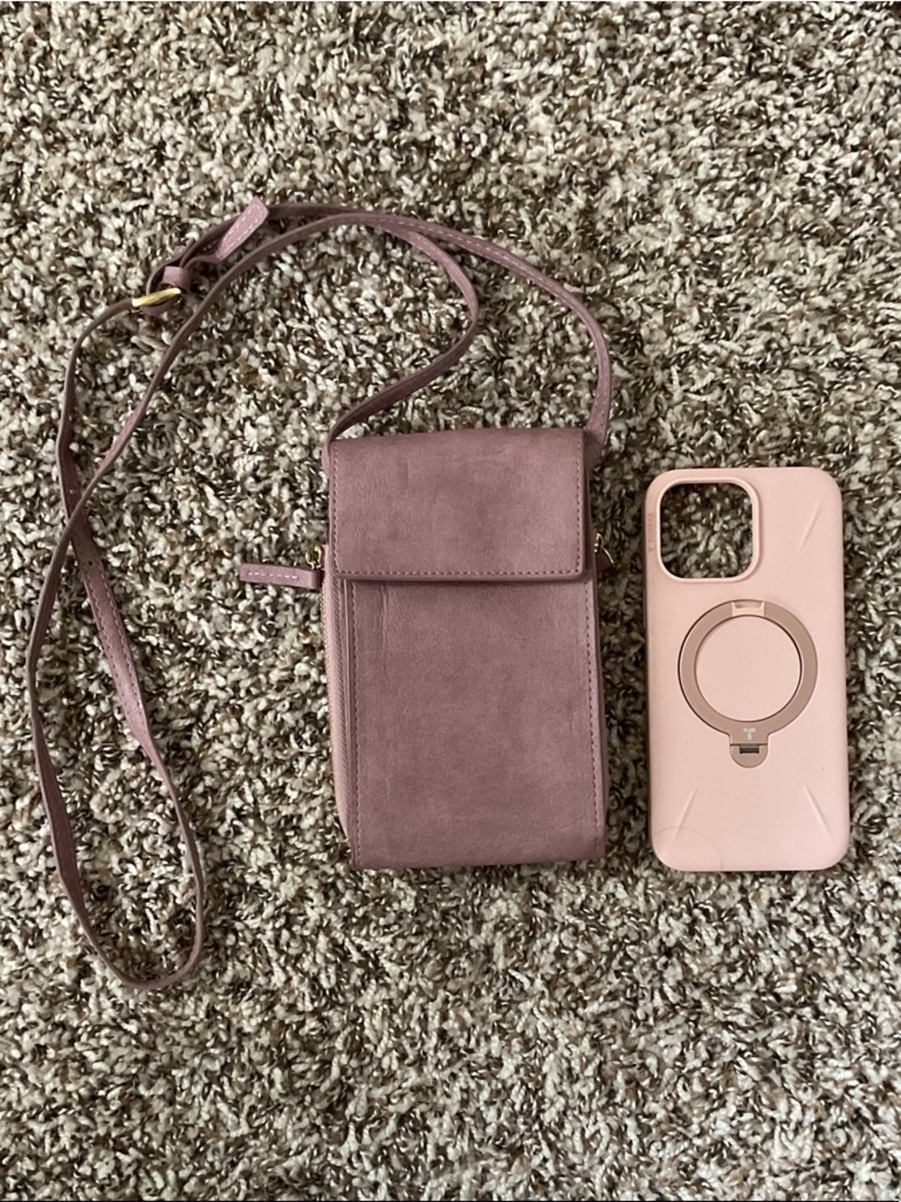 Dusty Rose Suede Phone Crossbody with Matching Pink Phone Case
